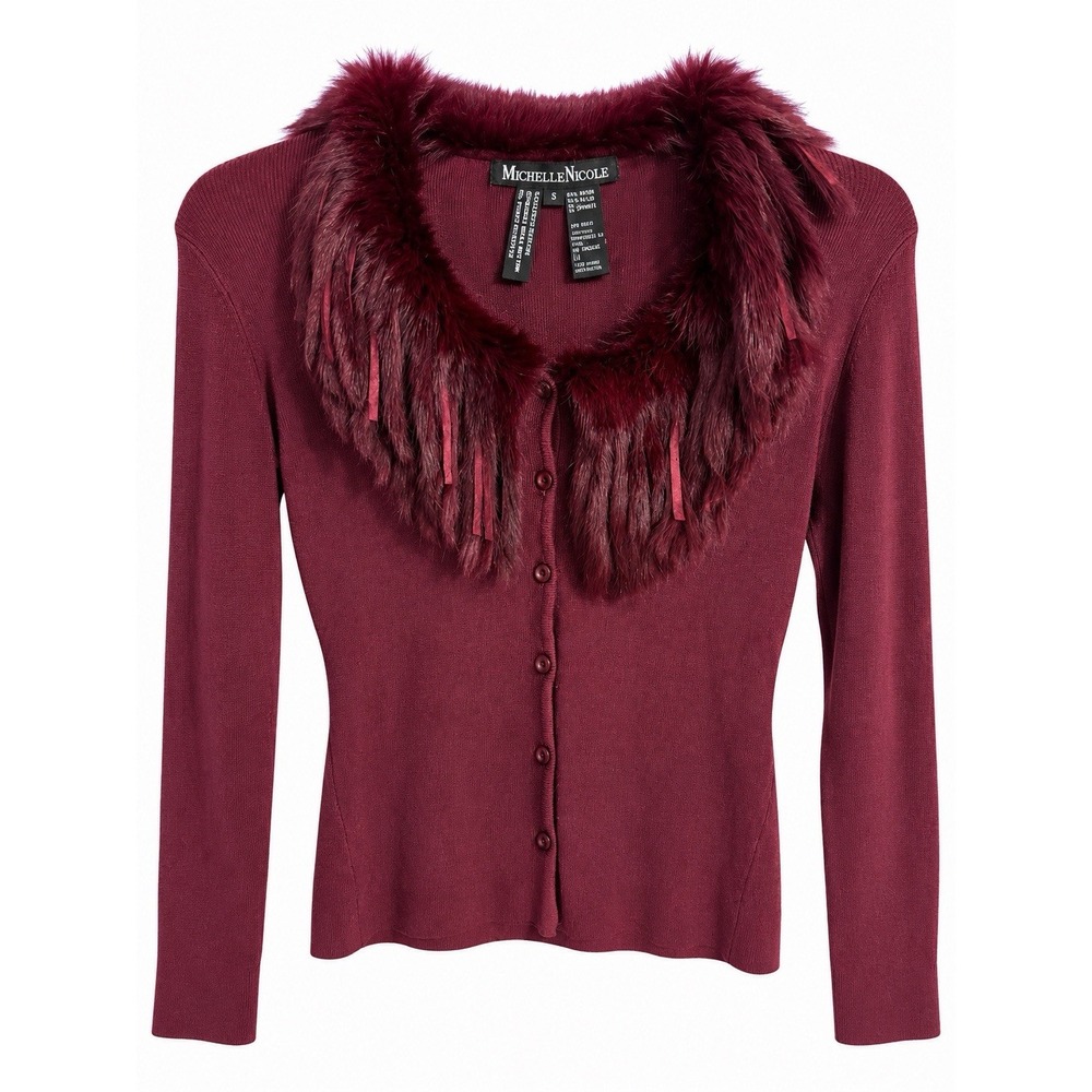 Whimsigoth Witchy Burgundy Faux Fur Fringe Cardigan Y2K Gothic Vamp Size S